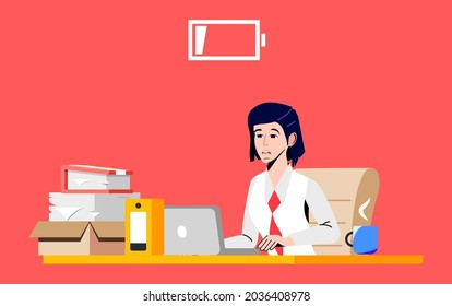 Trabajador de Office con estrés que tiene dolor de cabeza. Síndrome de Burnout Profesional. Secretario sobrecargado con icono de batería baja. Deprimida, frustrada, estresante empresaria o gerente usa laptop en la oficina.