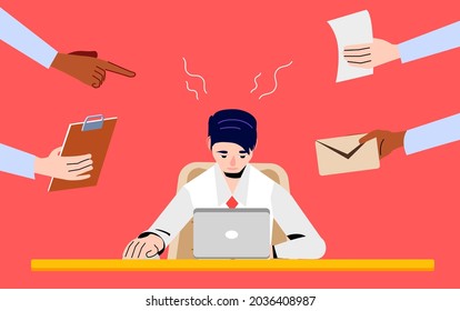 Trabajador de Office con estrés que tiene dolor de cabeza. Síndrome de Burnout Profesional. Secretario sobrecargado de trabajo. Deprimido, Frustrado, Stressful Businessman o Manager utiliza Laptop en Office.