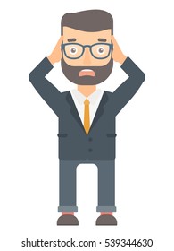 Stressed office worker. Hipster businessman feeling stress from work. Stressful employee clutching his head. Stress at work concept. Vector flat design illustration isolated on white background.