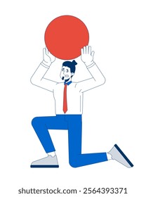 Stressed office worker holding sphere data point above head 2D cartoon character. Nervous pressured male employee round ball isolated person flat vector on white background. Spot illustration colorful