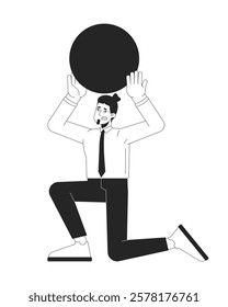 Stressed office worker holds sphere data point above head black and white 2D line character. Nervous pressured male employee round ball isolated vector outline person. Monochromatic spot illustration