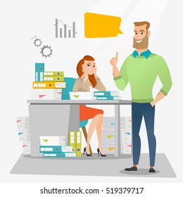 Stressed office worker looking at her happy employer. Stressful employee sitting at workplace with many stacks of papers. Concept of stress at work. Vector flat design illustration. Square layout.
