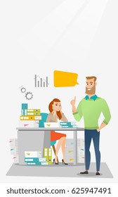 Stressed office worker looking at her happy employer. Stressful employee sitting at workplace with many stacks of papers. Concept of stress at work. Vector flat design illustration. Vertical layout.