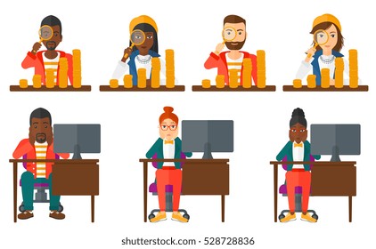 Stressed office worker. Overworked business woman feeling stress from work. Stressful employee sitting at workplace. Concept of stress at work. Set of vector illustrations isolated on white background