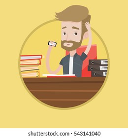 Stressed office worker. Overworked man feeling stress from work. Stressful employee sitting at workplace. Stress at work concept. Vector flat design illustration in the circle isolated on background.