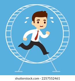 Stressed office worker running in hamster wheel. Rat race concept illustration. Vector cartoon clip art.