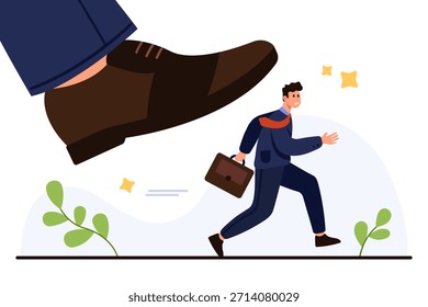 Stressende Büroangestellte, die von großen Schuhen laufen, die den Druck am Arbeitsplatz, Stress und geschäftliche Herausforderungen symbolisieren, auf isoliertem weißem Hintergrund für das Geschäftskonzept, Vektorgrafik