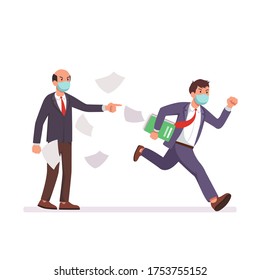 Stressed office worker is running with the papers, wearing a face mask, boss