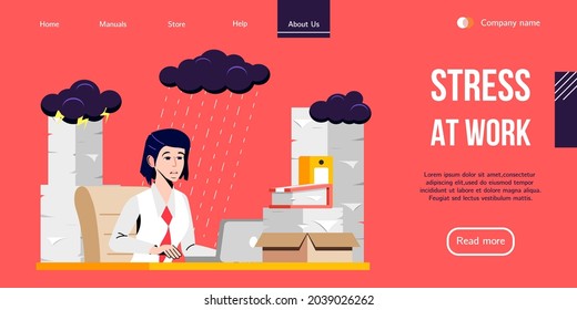 Stressed Office Worker sitting Behind the Desk and uses Laptop. Vector Banner Design for Professional Help with Work Stress or Burnout Syndrome. Landing Page for Stress Management Courses.