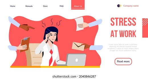 Trabajador de Office enfatizado sentado detrás de la mesa y usa laptop. Diseño de pancartas vectoriales para la ayuda profesional con estrés laboral o síndrome de quemadura. Página de inicio para cursos de manejo de estrés.