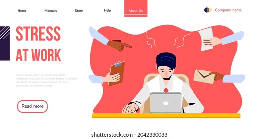 Stressed Office Worker sitting Behind the Desk and uses Laptop. Vector Banner Design for Professional Help with Work Stress or Burnout Syndrome. Landing Page for Stress Management Courses.