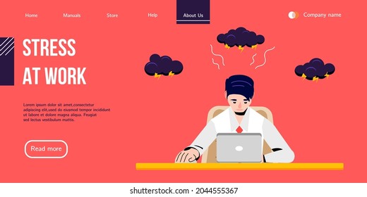 Stressed Office Worker sitting Behind the Desk and uses Laptop. Vector Banner Design for Professional Help with Work Stress or Burnout Syndrome. Landing Page for Stress Management Courses.
