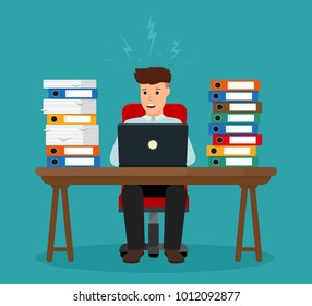Stressed office worker sitting at desk in pile of office papers and documents. Overworked business man. Stress at work. Vector illustration.
