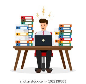 Stressed office worker sitting at desk in pile of office papers and documents. Overworked business man isolated on white background. Stress at work. Vector illustration.