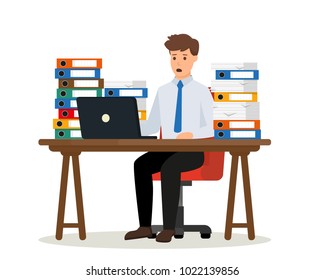 Stressed office worker sitting at desk in pile of documents. Overworked businessman isolated on white background. Stress at work. Vector illustration.