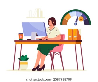 A stressed office worker sitting at her desk with a low productivity gauge showing dissatisfaction. Office supplies and a coffee cup are on the desk. Workplace stress concept. Vector illustration