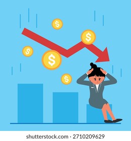 Stressbüroangestellte sitzen auf fallendem Finanzdiagramm Geschäftsausfall Vektorgrafik