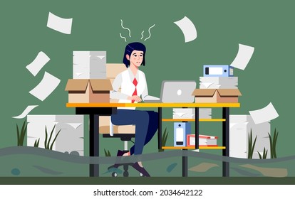 Stressed Office Worker Swamped with Work. Man in Business Suit sits in a Swamp and uses Laptop for Work. Professional Burnout Syndrome. Depressed, Frustrated Businessman or Manager uses Laptop.