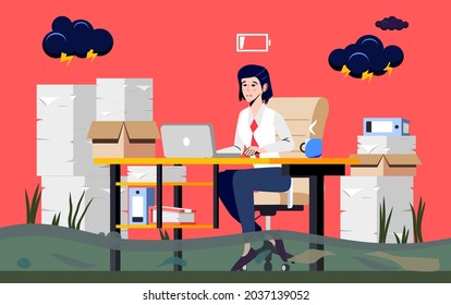 Stressed Office Worker Swamped with Work. Woman in Business Suit sits in a Swamp and uses Laptop for Work. Professional Burnout Syndrome. Depressed, Frustrated Businesswoman or Manager uses Laptop.