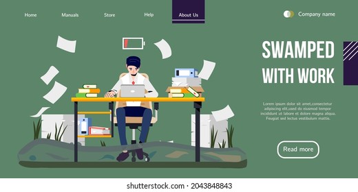Stressed Office Worker Swamped with Work. Overwhelmed with Work Employee sitting in the Swamp. Vector Banner Design for Professional Help with Burnout Syndrome. Landing Page for Stress Management.