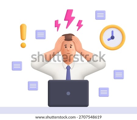 Stressed office worker Ted working on computer, holding her head with both hands. Failed to meet deadline, deadline pressure, work stress, burnout. 3d vector people character. Cartoon minimal style.