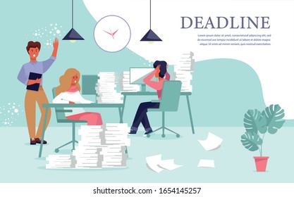 Stressed Office Workers with Paper Documents Piles Sitting at Computers and Angry Boss Announcing Burning Deadline. Flat Cartoon Poster with Text. Ineffective Time Management. Vector Illustration