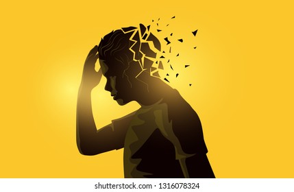 A stressed out adult male man holding his head. Mental health awareness concept. Vector illustration.