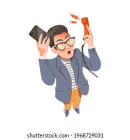 Stressed out Man Office Employee with Ringing Smartphone and Desk Phone Failing in Multitasking Vector Illustration