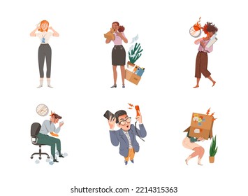 Stressed out Office Employees Overwhelmed with Loads of Duties and Multitasking Vector Illustration Set