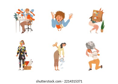 Stressed out Office Employees Overwhelmed with Loads of Duties and Multitasking Vector Illustration Set