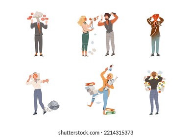 Stressed out Office Employees Overwhelmed with Loads of Duties and Multitasking Vector Illustration Set