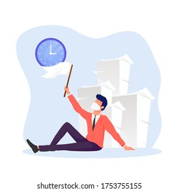 Stressed out office worker is sitting on the floor and waving a flag, face mask