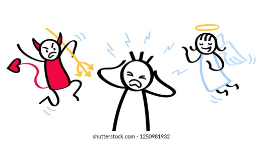 Stressed out stick man with conflicting shoulder angel and devil isolated on white background