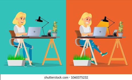 Stressed Out Woman Vector. Blonde Girl Working At Office. Stressful Work, Job. Tired Business Person. Hard Career. Calm Company Employee. Flat Cartoon Character Illustration