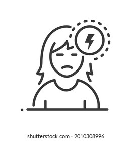 Stressed out woman - vector line design single isolated icon on white background. High quality black pictogram. Young girl with long hair and tired face experiencing stress or negative emotions