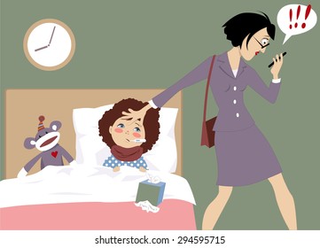 Stressed Out Working Mother Of A Sick Child Receiving An Urgent Message On Her Phone, Vector Illustration, EPS 8