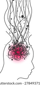 Stressed over thinking man with his head fuming. Psychotherapy, stress and psychosis. Brain damage, cognitive disfunction. A tangled nerves, symbolizing a depressed state of a person.