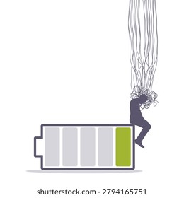Stressed over thinking man sitting on battery with low charge. Psychotherapy, stress and psychosis. Brain damage, cognitive disfunction. A tangled nerves, symbolizing a depressed state of a person.