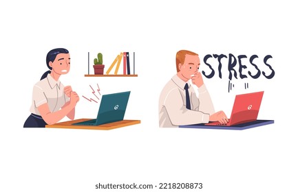 Stressed, overloaded business people working with laptop computers in office. Stress at work, burnout, work overload cartoon vector illustration