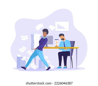 Stressed overloaded office employee carrying heavy paper stack. Busy office employee having lot of work. Team stress, deadline, overworking, time management, paperwork overload flat vector