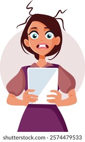 
Stressed Overwhelmed Busy Woman Holding Tablet Vector Character. Unhappy busy freelance girl having too much work to do 
