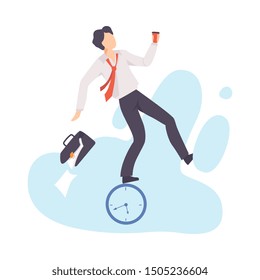 Stressed Overworked Businessman, Organization and Control of Working Time, Deadline and Time Management Business Concept Flat Vector Illustration