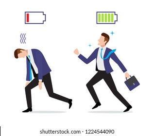 Stressed overworked and vigorous businessman set with charged and discharged battery icon and briefcase go to work, vector illustration in flat style