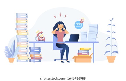 Stressed overworked woman in an office seated at her desk surrounded by heaps of files and books tearing at her hair, vector illustration