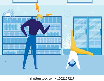 Stressed Parent Looking at Son Standing Upside Down Flat Cartoon Vector Illustration. Spoiled Child Bahaving Badly in Shop. Andgry Father Scolding Child at Supermarket. Hyperactive Boy.