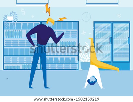 Stressed Parent Looking at Son Standing Upside Down Flat Cartoon Vector Illustration. Spoiled Child Bahaving Badly in Shop. Andgry Father Scolding Child at Supermarket. Hyperactive Boy.