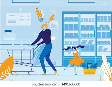 Stressed Parent with Shopping Cart Looking at Screaming Daughter Flat Cartoon Vector Illustration. Spoiled Child Bahaving Badly in Shop or Store. Andgry Mother in Supermarket Can not Control Kid.