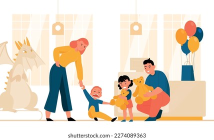 Stressed parenting concept with angry tired mum and crying capricious children flat vector illustration