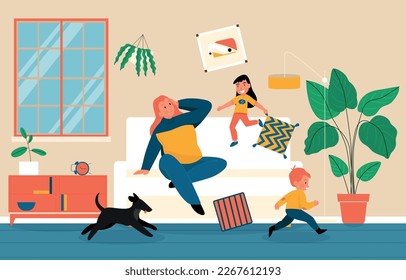 Stressed parenting flat concept with tired mum and children making mess in living room vector illustration