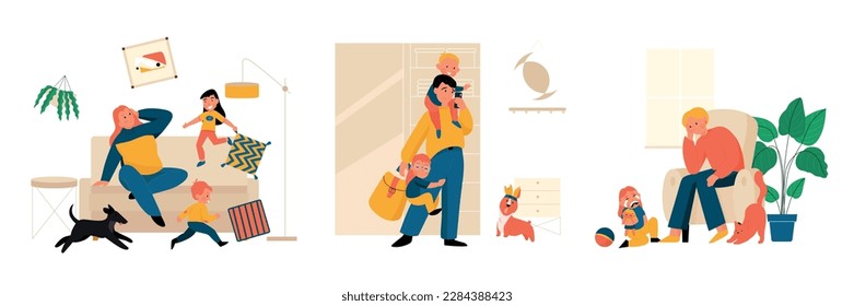 Stressed parenting flat set with tired mothers and fathers and mischievous children crying and making mess isolated vector illustration